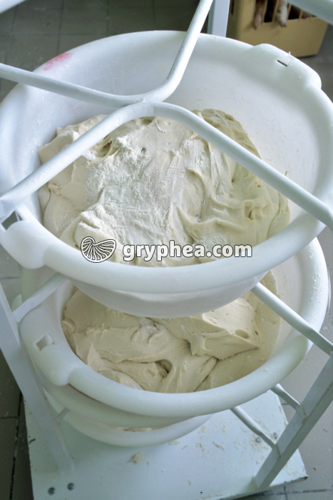 Fabrication du pain - Cuves de pâte pesée après la première fermentation - gryphea.com